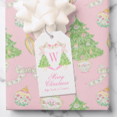 Waterverf Roze & Groen Kerst Monogram Crest Cadeaulabel
