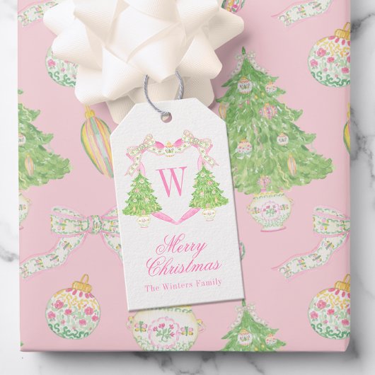 Waterverf Roze & Groen Kerst Monogram Crest Cadeaulabel