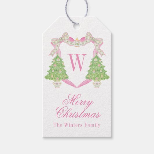 Waterverf Roze & Groen Kerst Monogram Crest Cadeaulabel (Voorkant)