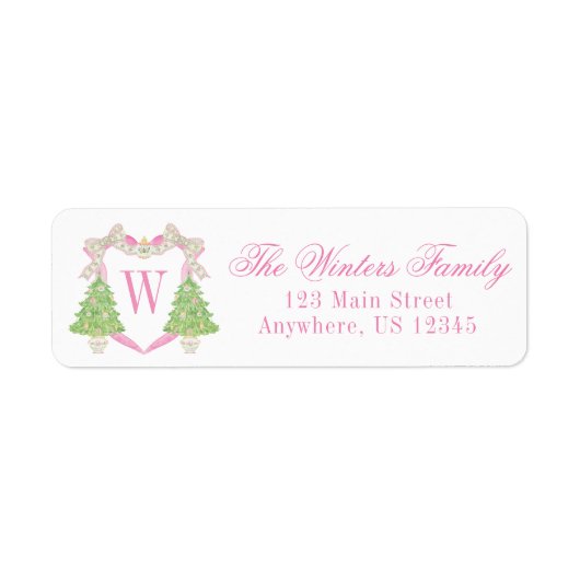 Waterverf Roze & Groen Kerst Monogram Crest Etiket (Voorkant)