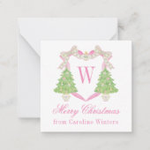 Waterverf Roze & Groen Kerst Monogram Crest Notitiekaartje (Voorkant)