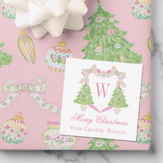 Waterverf Roze & Groen Kerst Monogram Crest Notitiekaartje