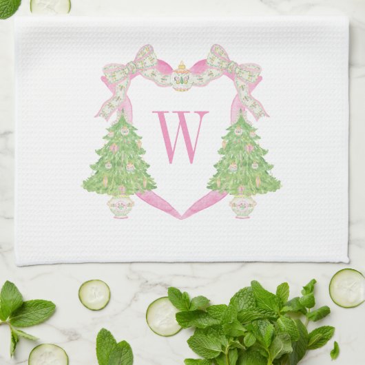 Waterverf Roze & Groen Kerst Monogram Crest Theedoek (Gevouwen)