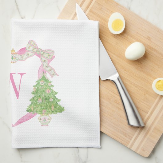 Waterverf Roze & Groen Kerst Monogram Crest Theedoek (Quarter Fold)
