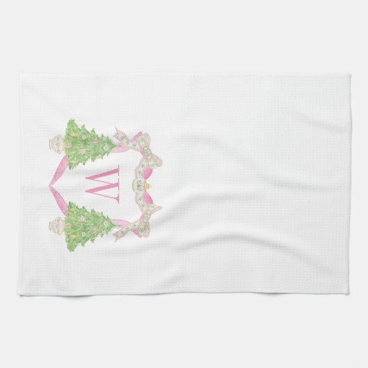 Waterverf Roze & Groen Kerst Monogram Crest Theedoek (Horizontaal)