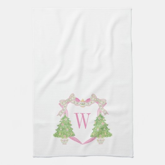 Waterverf Roze & Groen Kerst Monogram Crest Theedoek (Verticaal)