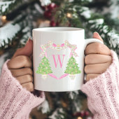 Waterverf Roze & Groen Kerst Monogram Crest Tweekleurige Koffiemok