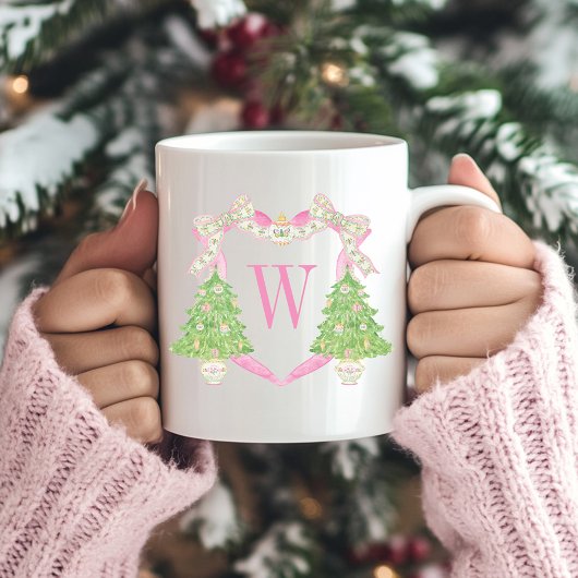 Waterverf Roze & Groen Kerst Monogram Crest Tweekleurige Koffiemok
