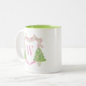 Waterverf Roze & Groen Kerst Monogram Crest Tweekleurige Koffiemok (Voorkant links)