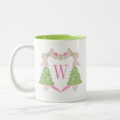 Waterverf Roze & Groen Kerst Monogram Crest Tweekleurige Koffiemok (Links)