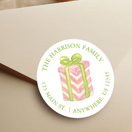 Waterverf Roze & Groen Kerstcadeau Adres Ronde Sticker