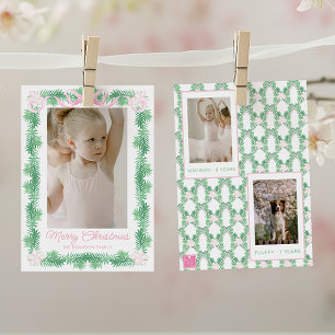 Waterverf Roze & Groen Kerstslinger Foto Feestdagenkaart