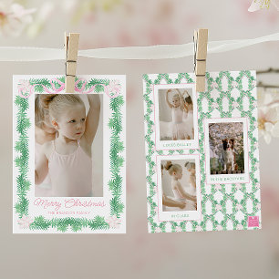 Waterverf Roze & Groen Kerstslinger Foto Feestdagenkaart