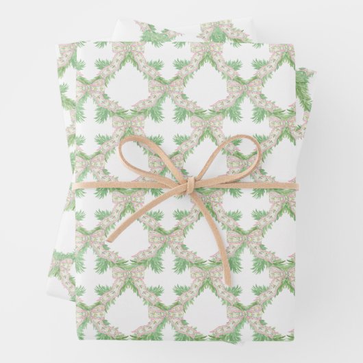 Waterverf Roze & Groene Bogen Garland Kerst Inpakpapier Vel (In situ)