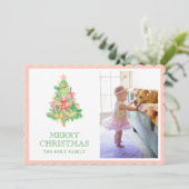 Waterverf Roze Groene Bow Coquette Kerstfoto Feestdagenkaart (Staand voorkant)