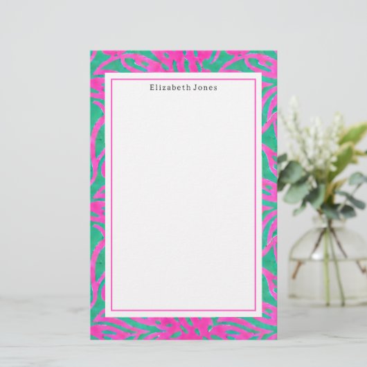 Waterverf Roze + Groene Damask Briefpapier (Staand voorkant)