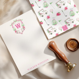 Waterverf Roze & Groene Golfkar Monogram Crest Bedankkaart