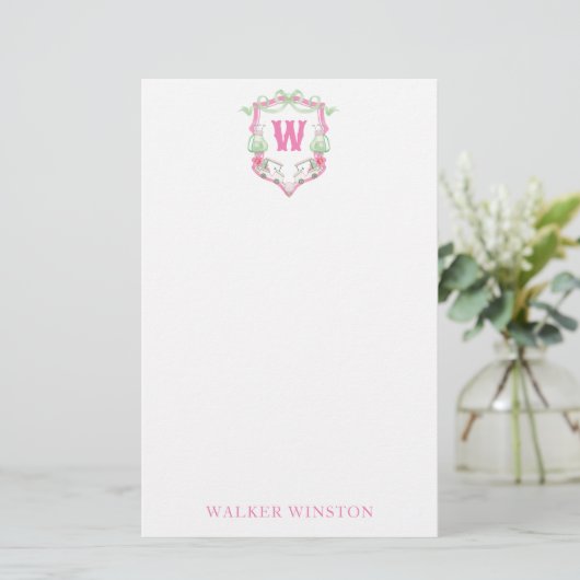 Waterverf Roze & Groene Golfkar Monogram Crest Briefpapier (Staand voorkant)