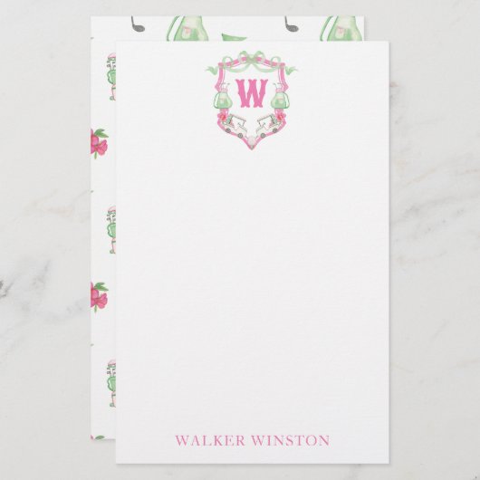 Waterverf Roze & Groene Golfkar Monogram Crest Briefpapier (Voorkant / Achterkant)