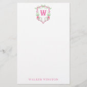 Waterverf Roze & Groene Golfkar Monogram Crest Briefpapier (Voorkant)