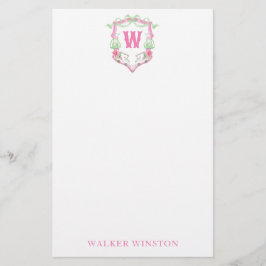Waterverf Roze & Groene Golfkar Monogram Crest Briefpapier