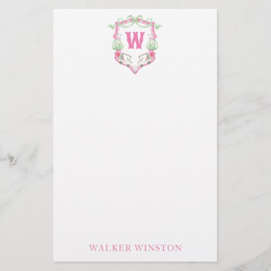 Waterverf Roze & Groene Golfkar Monogram Crest Briefpapier (Voorkant)