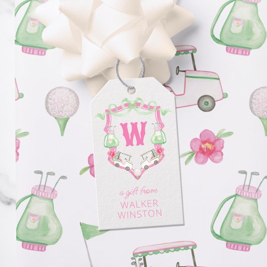 Waterverf Roze & Groene Golfkar Monogram Crest Cadeaulabel