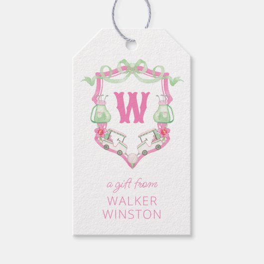 Waterverf Roze & Groene Golfkar Monogram Crest Cadeaulabel (Voorkant)