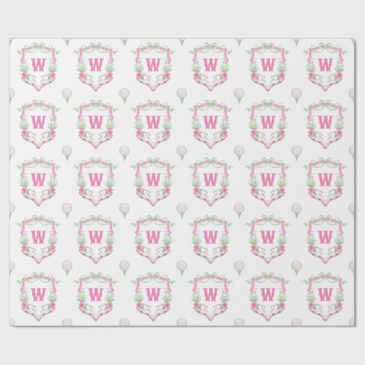 Waterverf Roze & Groene Golfkar Monogram Crest Cadeaupapier (Vlak)