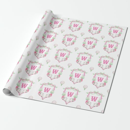 Waterverf Roze & Groene Golfkar Monogram Crest Cadeaupapier (Uitgerold)