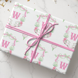 Waterverf Roze & Groene Golfkar Monogram Crest Cadeaupapier