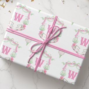 Waterverf Roze & Groene Golfkar Monogram Crest Cadeaupapier