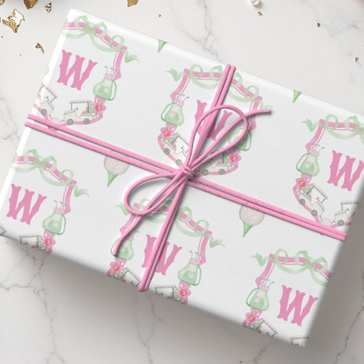 Waterverf Roze & Groene Golfkar Monogram Crest Cadeaupapier