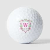 Waterverf Roze & Groene Golfkar Monogram Crest Golfballen (Voorkant)