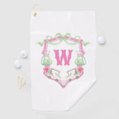 Waterverf Roze & Groene Golfkar Monogram Crest Golfhanddoek (Insitu)
