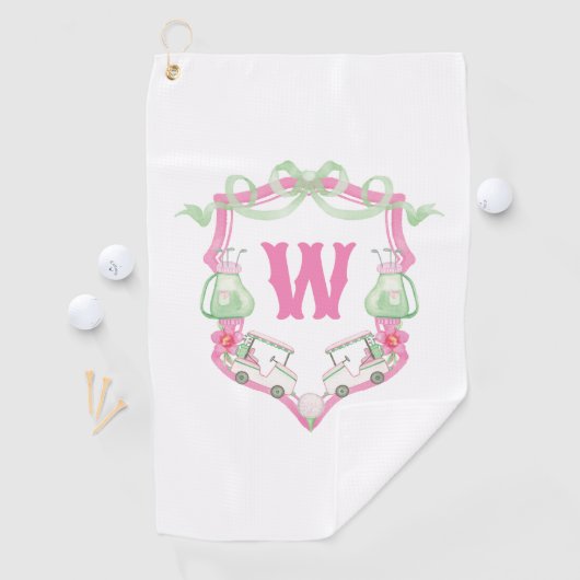 Waterverf Roze & Groene Golfkar Monogram Crest Golfhanddoek (Insitu)