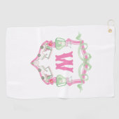 Waterverf Roze & Groene Golfkar Monogram Crest Golfhanddoek (Horizontaal)