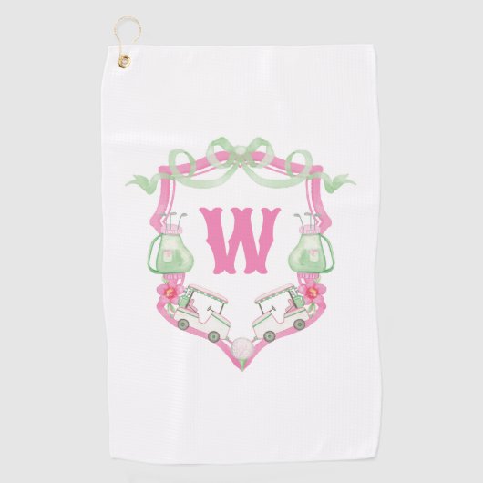 Waterverf Roze & Groene Golfkar Monogram Crest Golfhanddoek (Voorkant)
