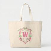Waterverf Roze & Groene Golfkar Monogram Crest Grote Tote Bag (Voorkant)