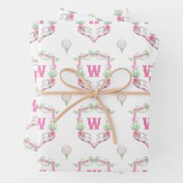 Waterverf Roze & Groene Golfkar Monogram Crest Inpakpapier Vel