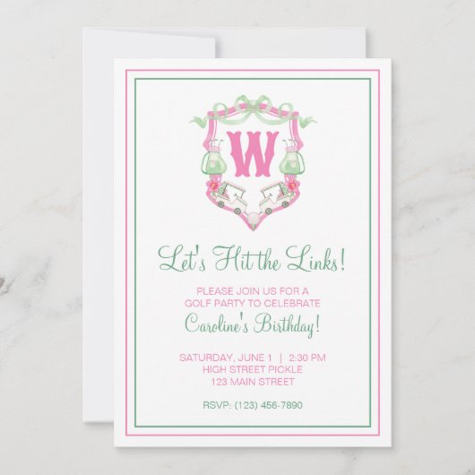 Waterverf Roze & Groene Golfkar Monogram Crest Kaart (Voorkant)