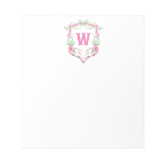 Waterverf Roze & Groene Golfkar Monogram Crest Notitieblok (Voorkant)