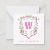Waterverf Roze & Groene Golfkar Monogram Crest Notitiekaartje (Voorkant)