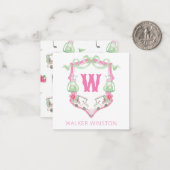 Waterverf Roze & Groene Golfkar Monogram Crest Notitiekaartje (Voorkant / Achterkant in situ)