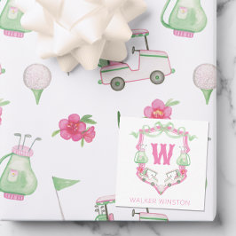 Waterverf Roze & Groene Golfkar Monogram Crest Notitiekaartje