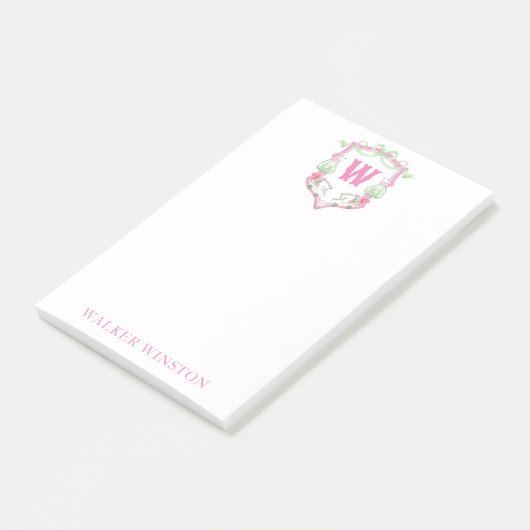Waterverf Roze & Groene Golfkar Monogram Crest Post-it® Notes (Schuin)