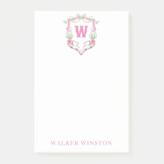 Waterverf Roze & Groene Golfkar Monogram Crest Post-it® Notes (Voorkant)