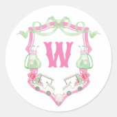 Waterverf Roze & Groene Golfkar Monogram Crest Ronde Sticker (Voorkant)