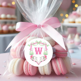 Waterverf Roze & Groene Golfkar Monogram Crest Ronde Sticker