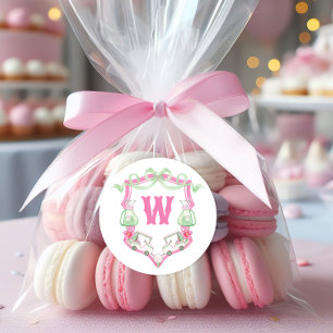 Waterverf Roze & Groene Golfkar Monogram Crest Ronde Sticker